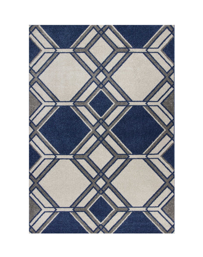 7' X 10' Ivory and Blue Geometric Indoor Outdoor Area Rug