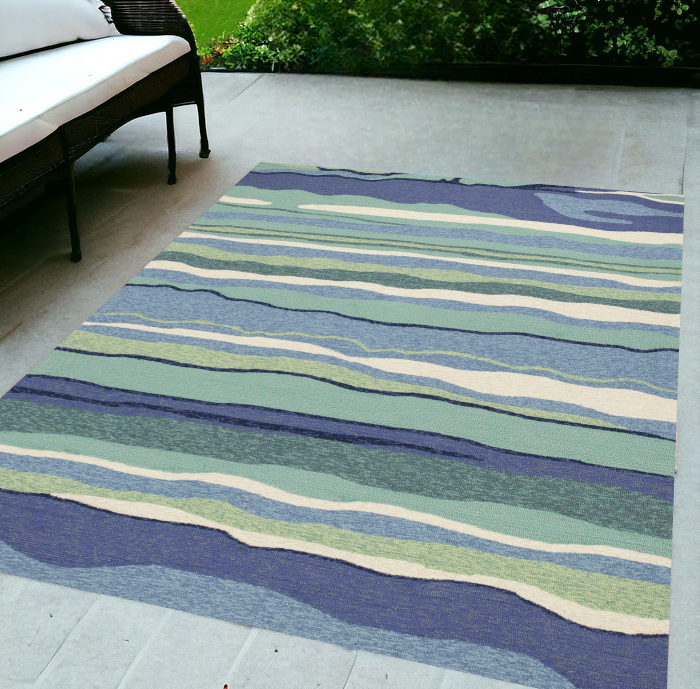 8' X 10' Blue Abstract Waves Indoor Outdoor Area Rug