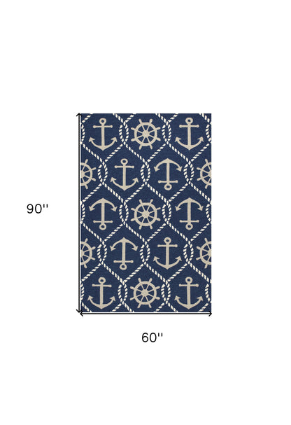 5' X 8' Navy Blue Abstract Handmade Indoor Outdoor Area Rug