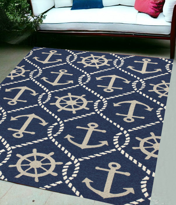 5' X 8' Navy Blue Abstract Handmade Indoor Outdoor Area Rug