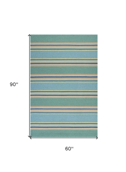 5' X 8' Blue Striped Handmade Indoor Outdoor Area Rug