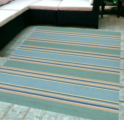 5' X 8' Blue Striped Handmade Indoor Outdoor Area Rug