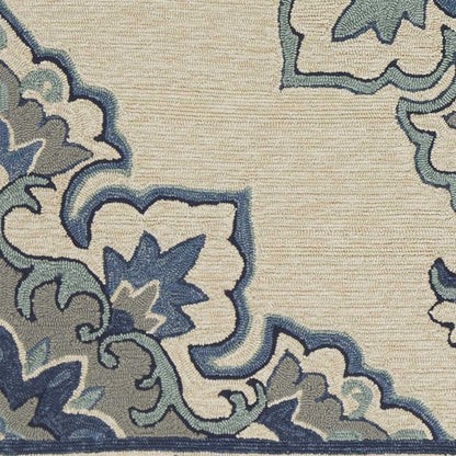 5' X 8' Ivory and Blue Damask Handmade Indoor Outdoor Area Rug