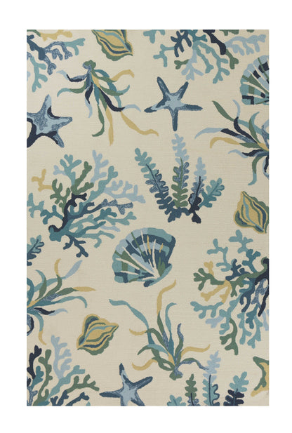 5' X 8' Ivory and Blue Floral Handmade Indoor Outdoor Area Rug