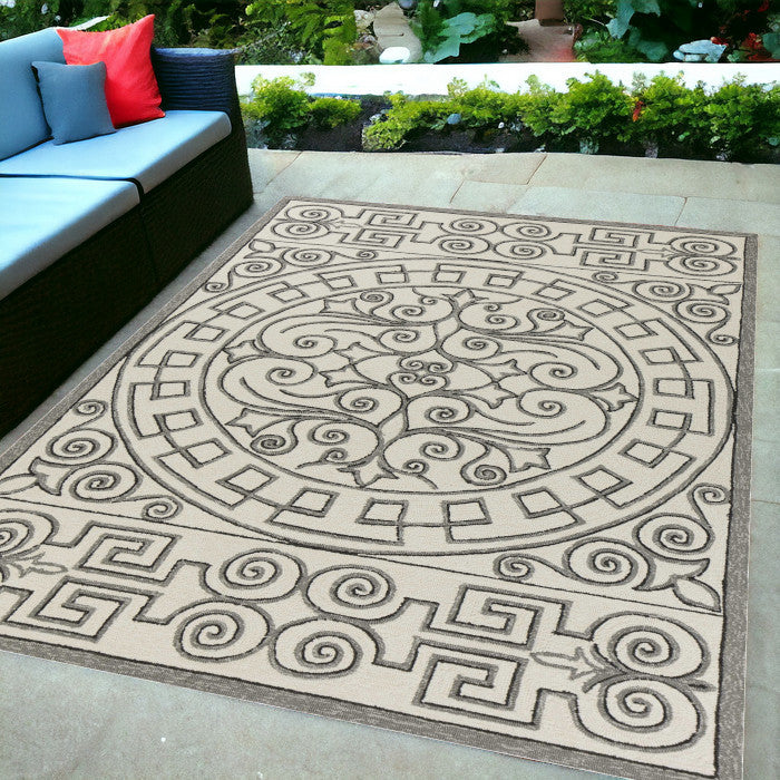 2' X 3' Gray and Ivory Damask Handmade Indoor Outdoor Area Rug