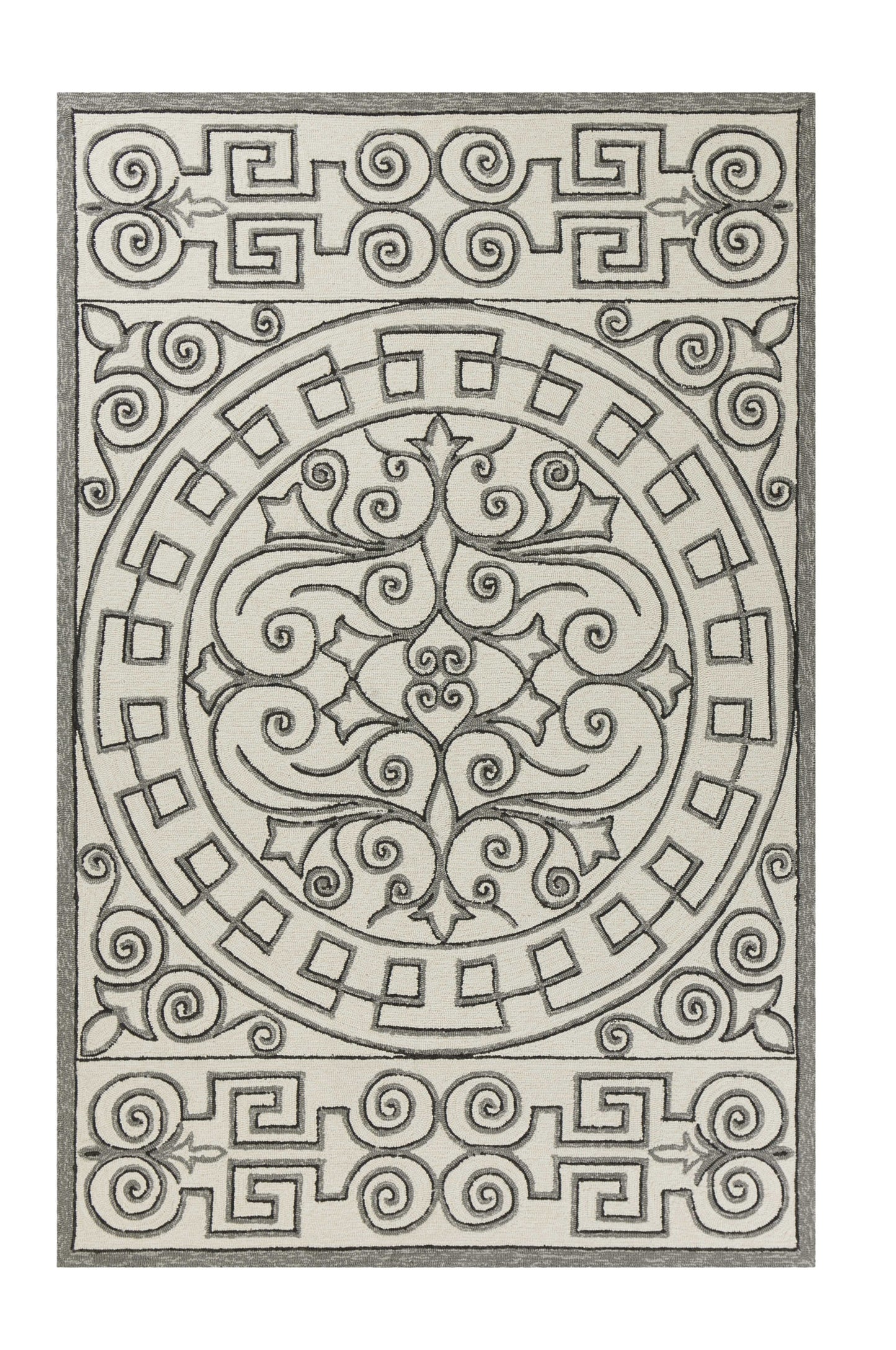 2' X 3' Gray and Ivory Damask Handmade Indoor Outdoor Area Rug