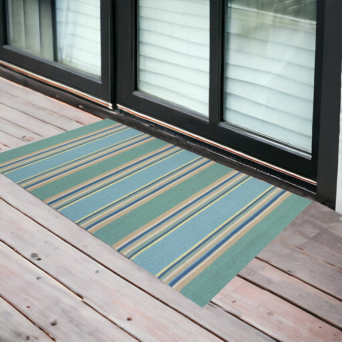 5' X 8' Blue Striped Handmade Indoor Outdoor Area Rug