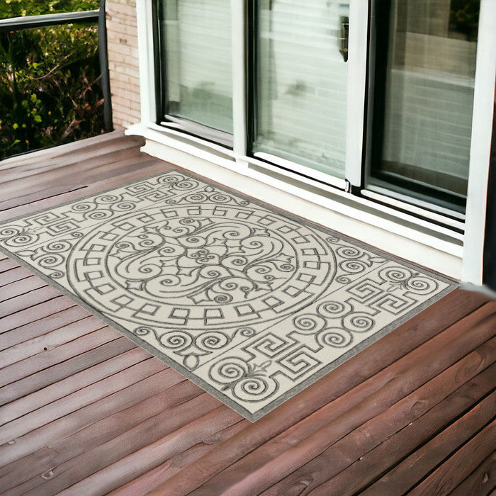 2' X 3' Gray and Ivory Damask Handmade Indoor Outdoor Area Rug