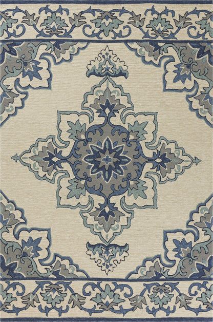 5' X 8' Ivory and Blue Damask Handmade Indoor Outdoor Area Rug