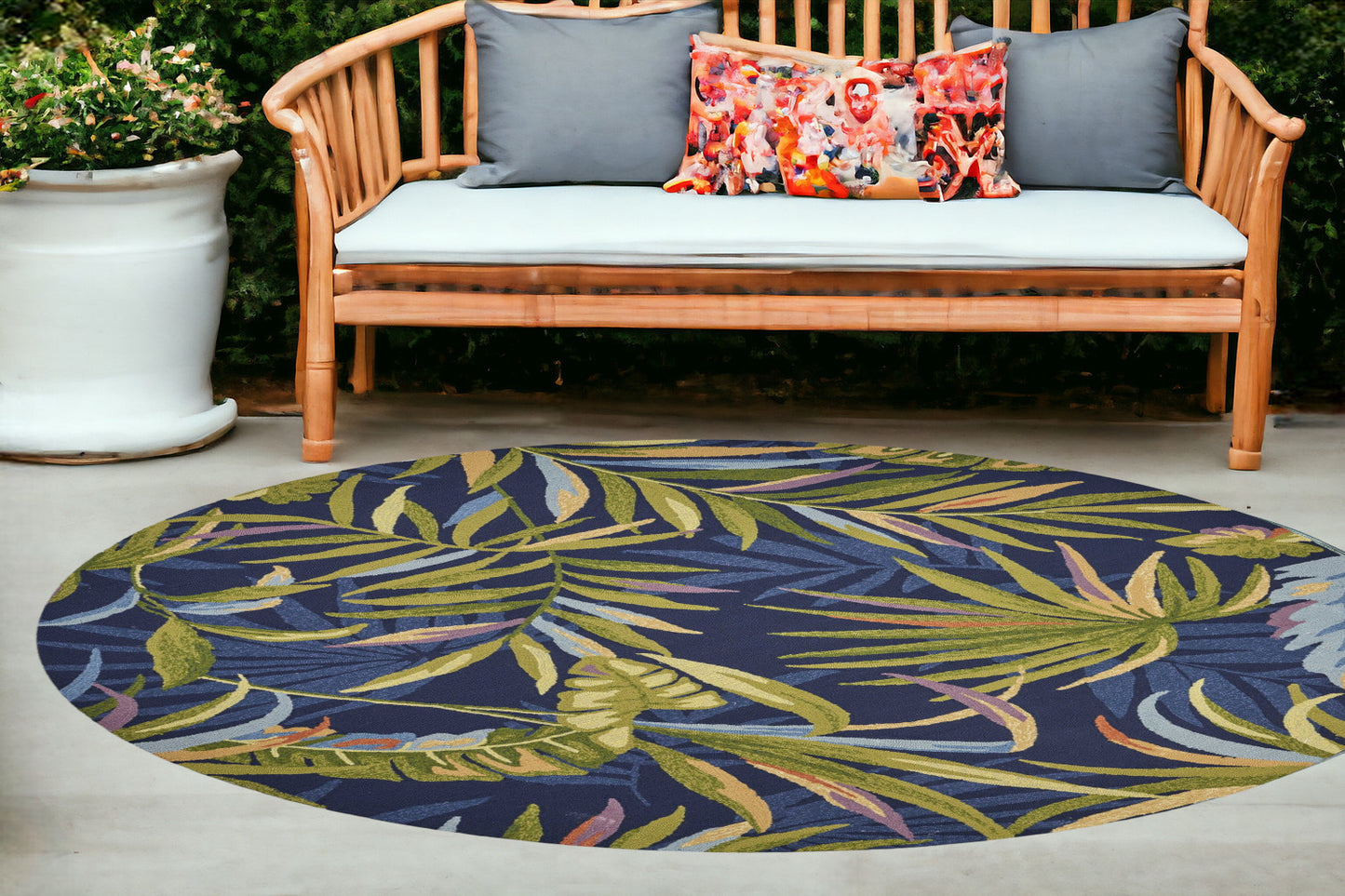 5' X 8' Blue Floral Handmade Indoor Outdoor Area Rug