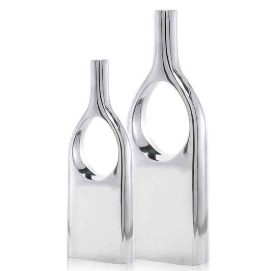 Set of Two Silver Aluminum Modern Hole Table Vases