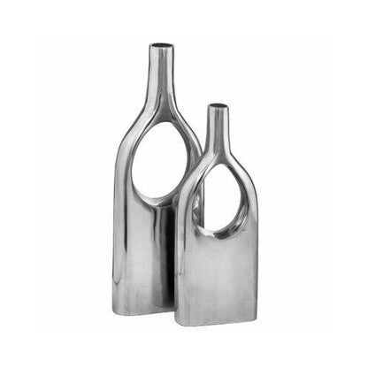 Set of Two Silver Aluminum Modern Hole Table Vases