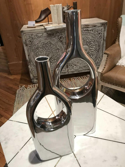 Set of Two Silver Aluminum Modern Hole Table Vases