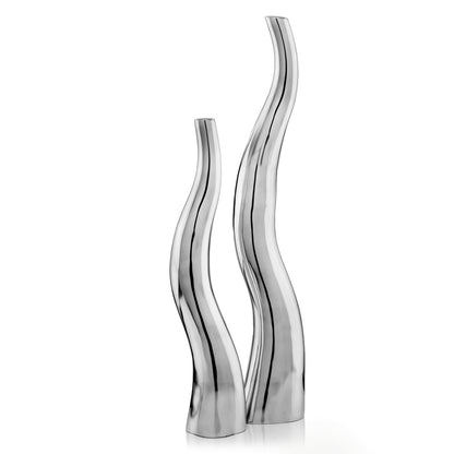 Set of Two Silver Aluminum Squiggly Table Vases