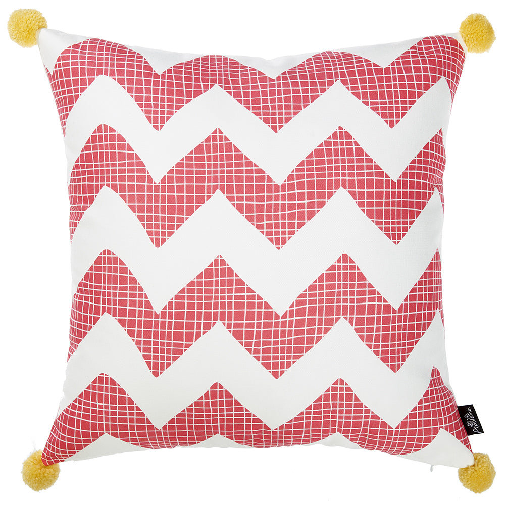 18" Pink and White Chevron Throw Pillow Cover With Pompoms