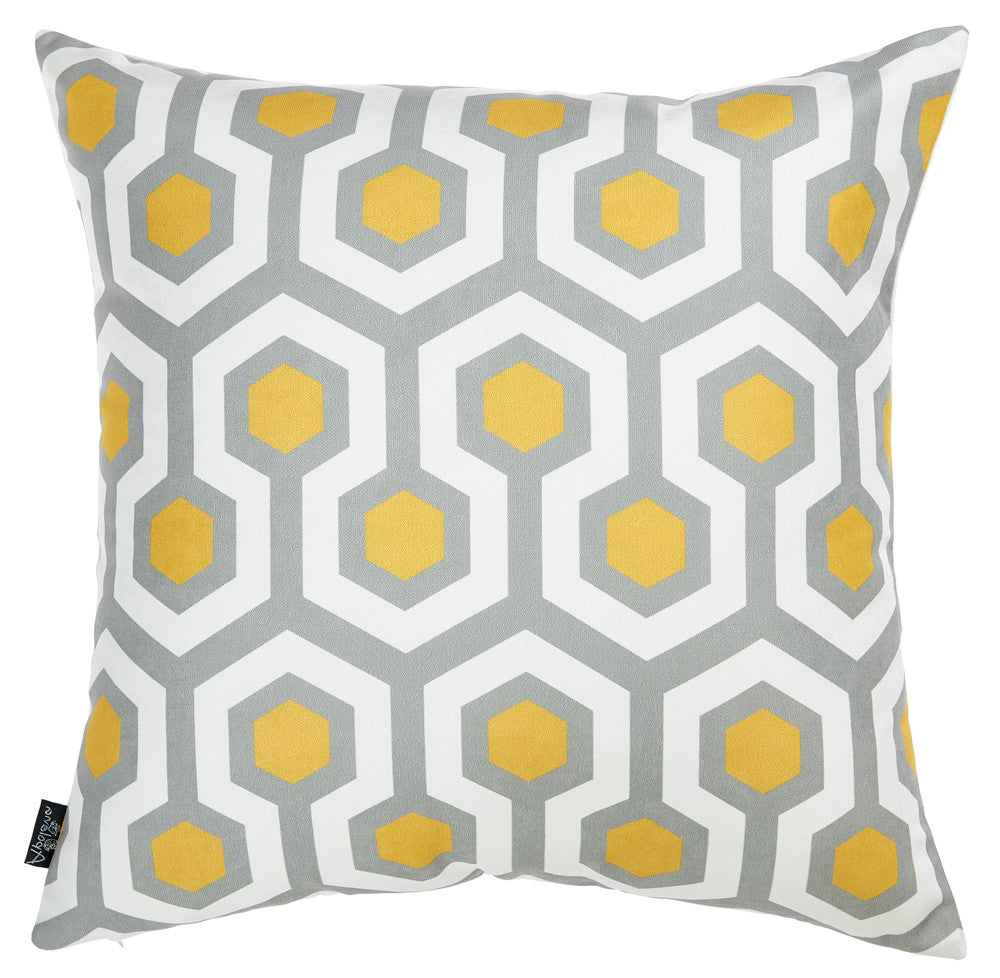 18 X 18 Yellow Gray And White Geometric Zippered Polyester Throw Pillow Cover