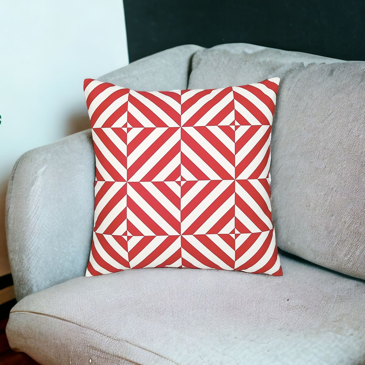 18" Red and White Geometric Throw Pillow Cover