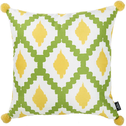 18" Yellow and Green Geometric Throw Pillow Cover With Pompoms