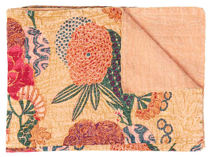 50" X 70" Orange and Red Kantha Cotton Floral Throw Blanket with Embroidery