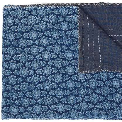 50" X 70" Blue Kantha Cotton Floral Throw Blanket with Embroidery