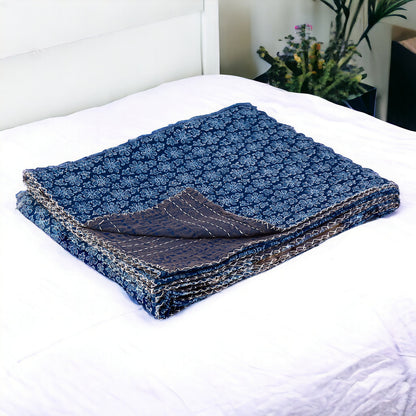 50" X 70" Blue Kantha Cotton Floral Throw Blanket with Embroidery