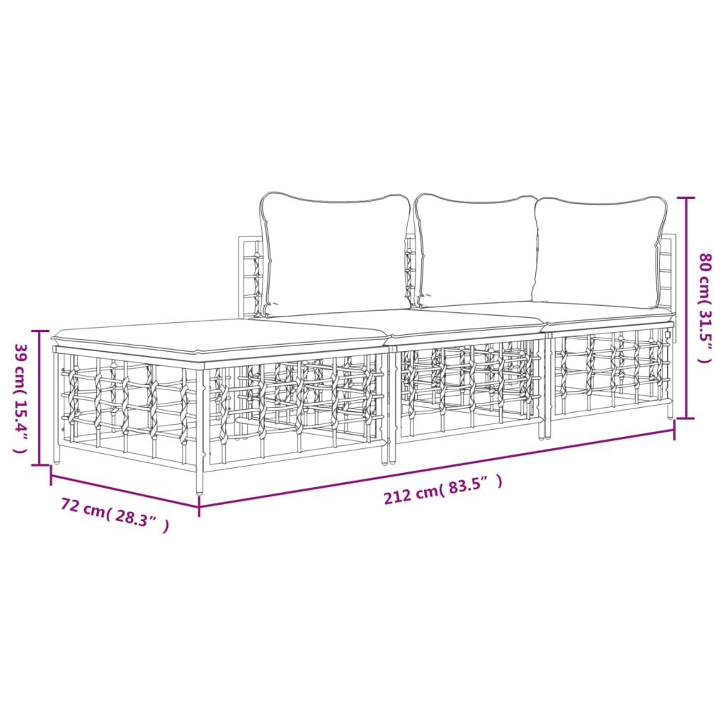 3 Piece Patio Lounge Set with Cushions Anthracite Poly Rattan