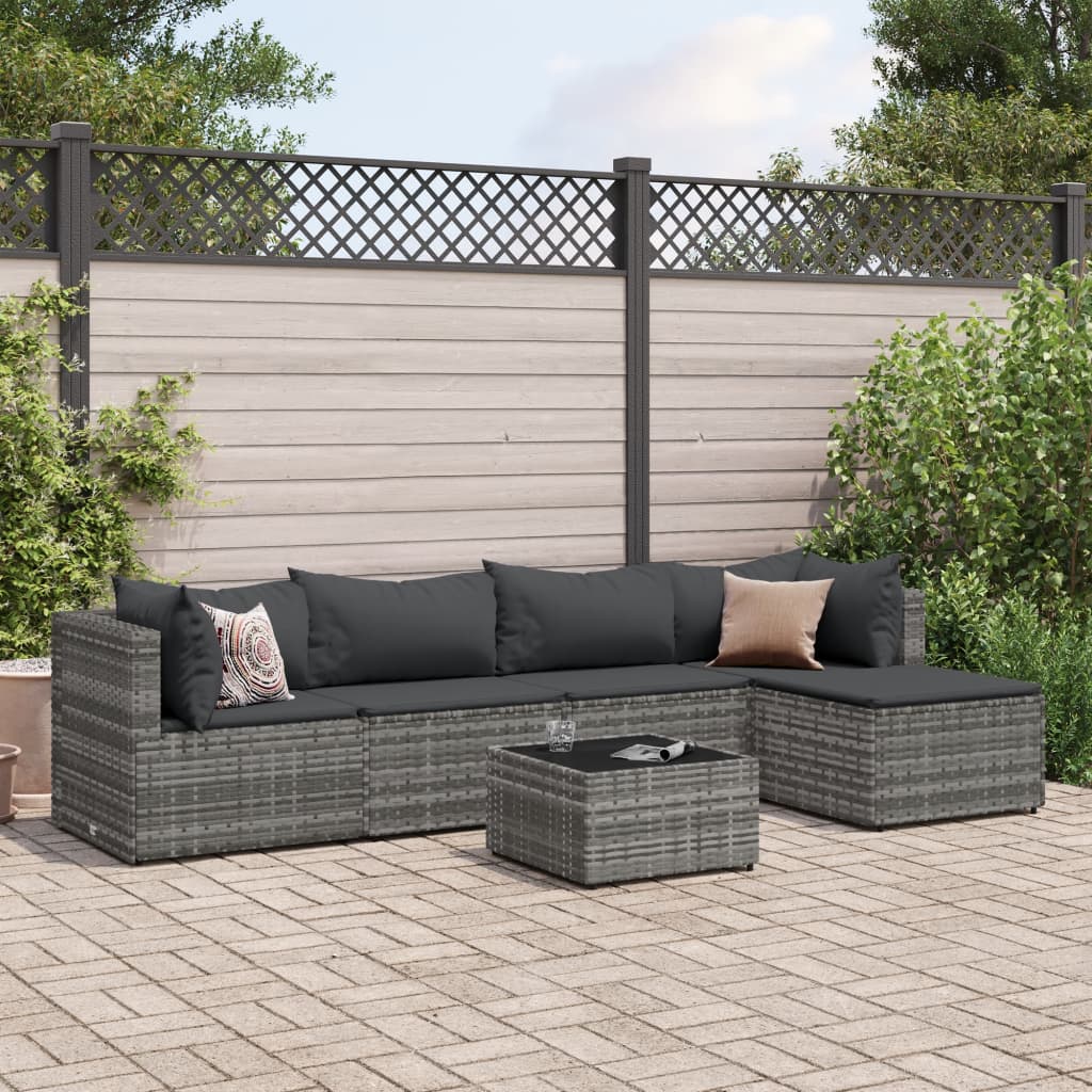 6 Piece Patio Lounge Set with Cushions Gray Poly Rattan