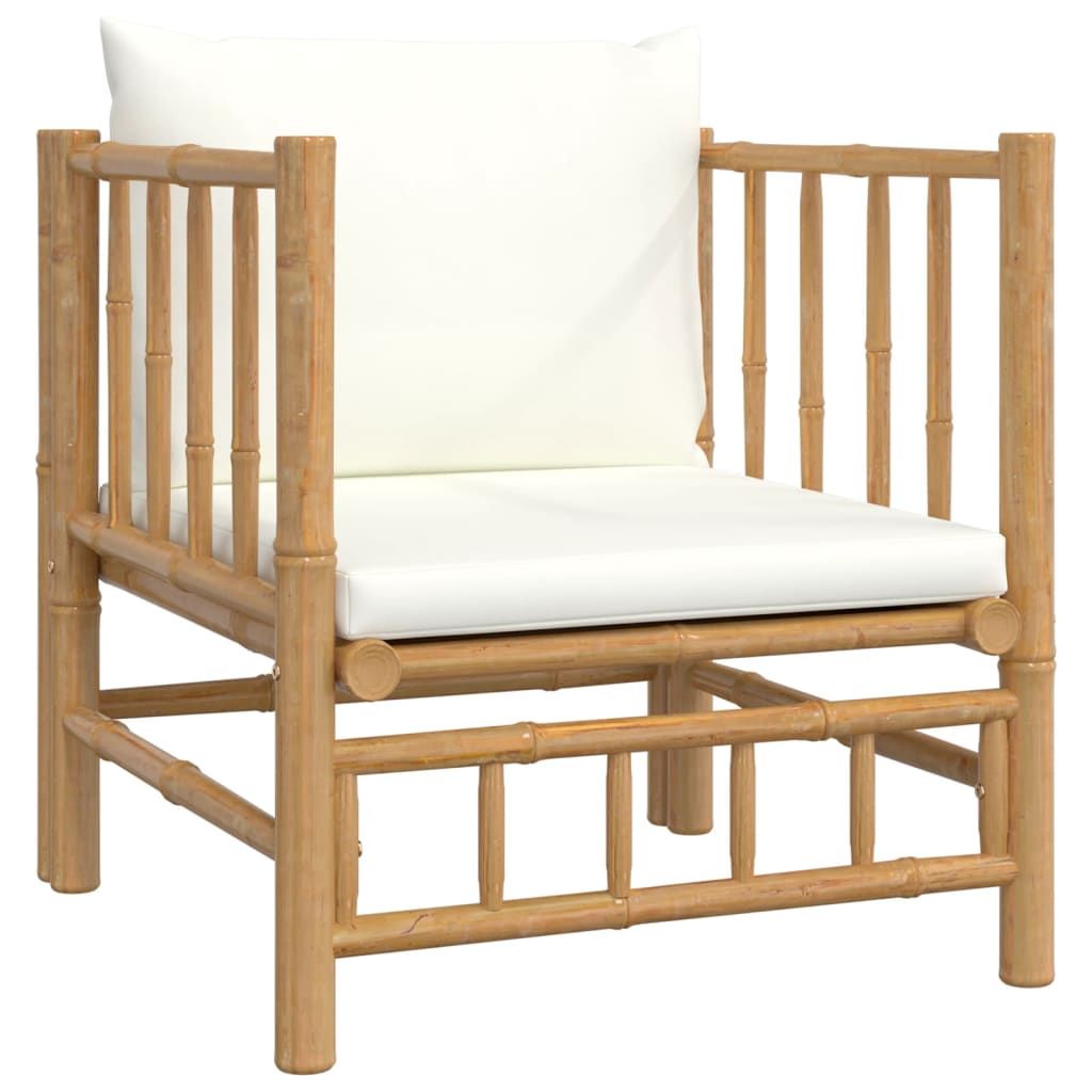 5 Piece Patio Lounge Set with Cream White Cushions Bamboo