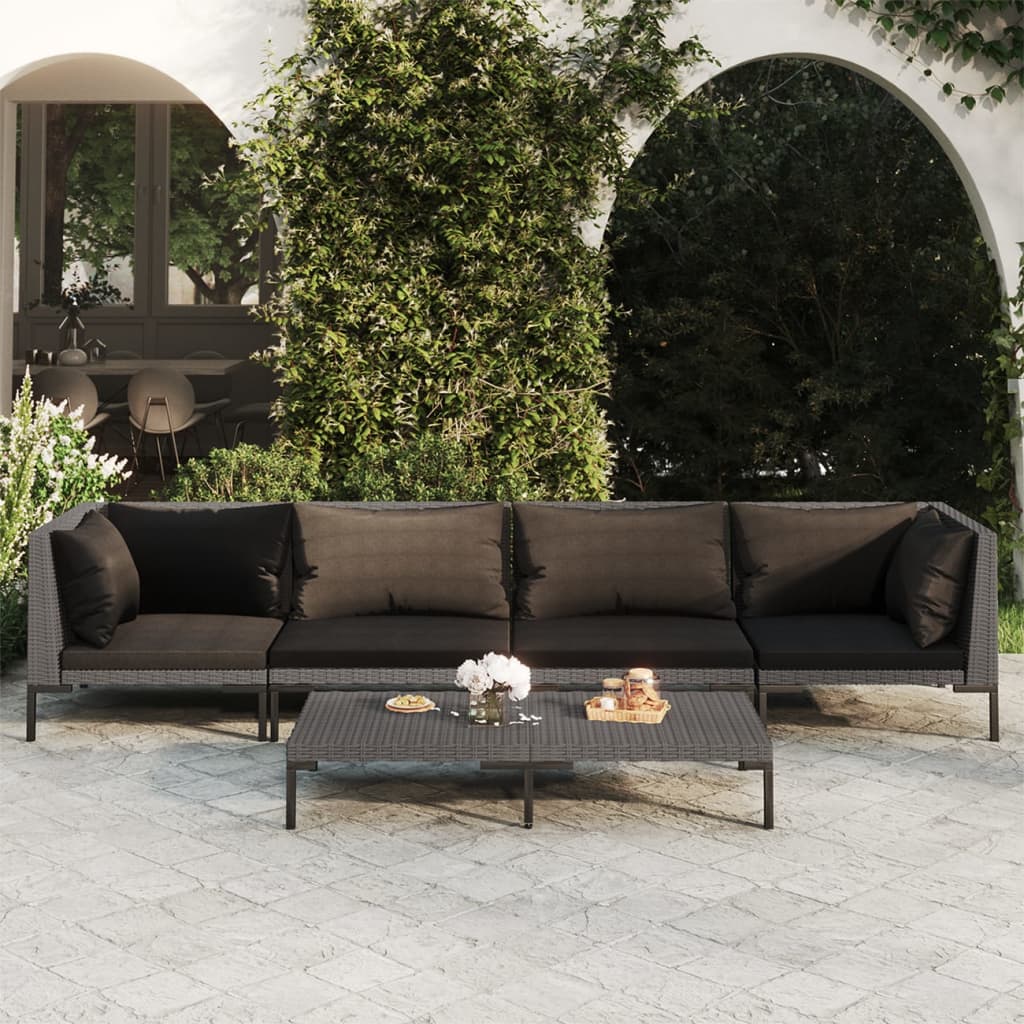 5 Piece Patio Lounge Set with Cushions Poly Rattan Dark Gray