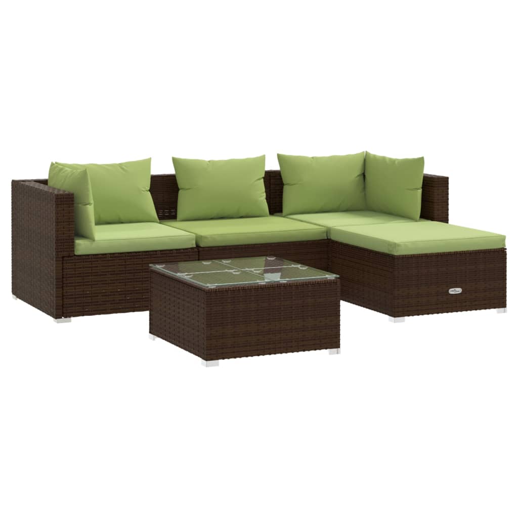 5 Piece Patio Lounge Set with Cushions Poly Rattan Brown