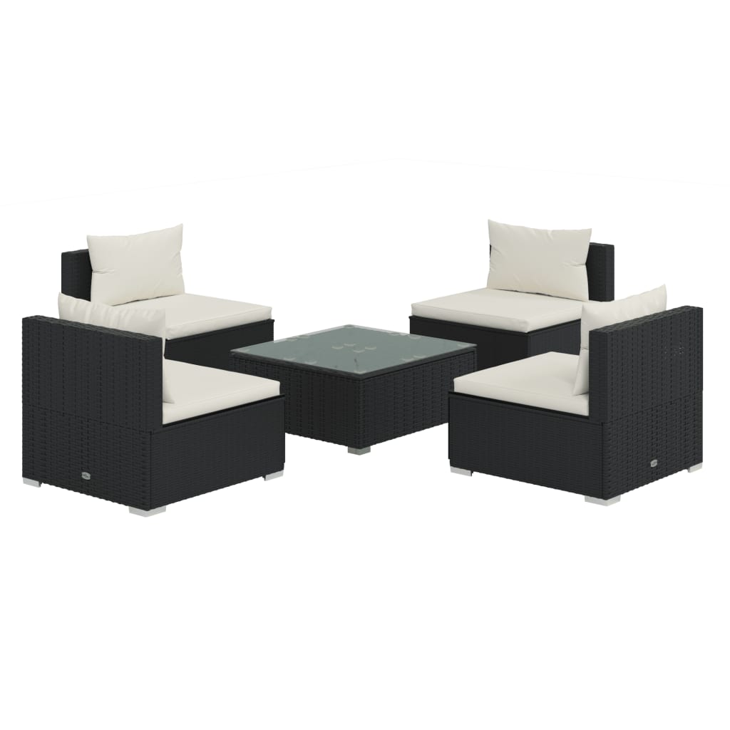 5 Piece Patio Lounge Set with Cushions Poly Rattan Black