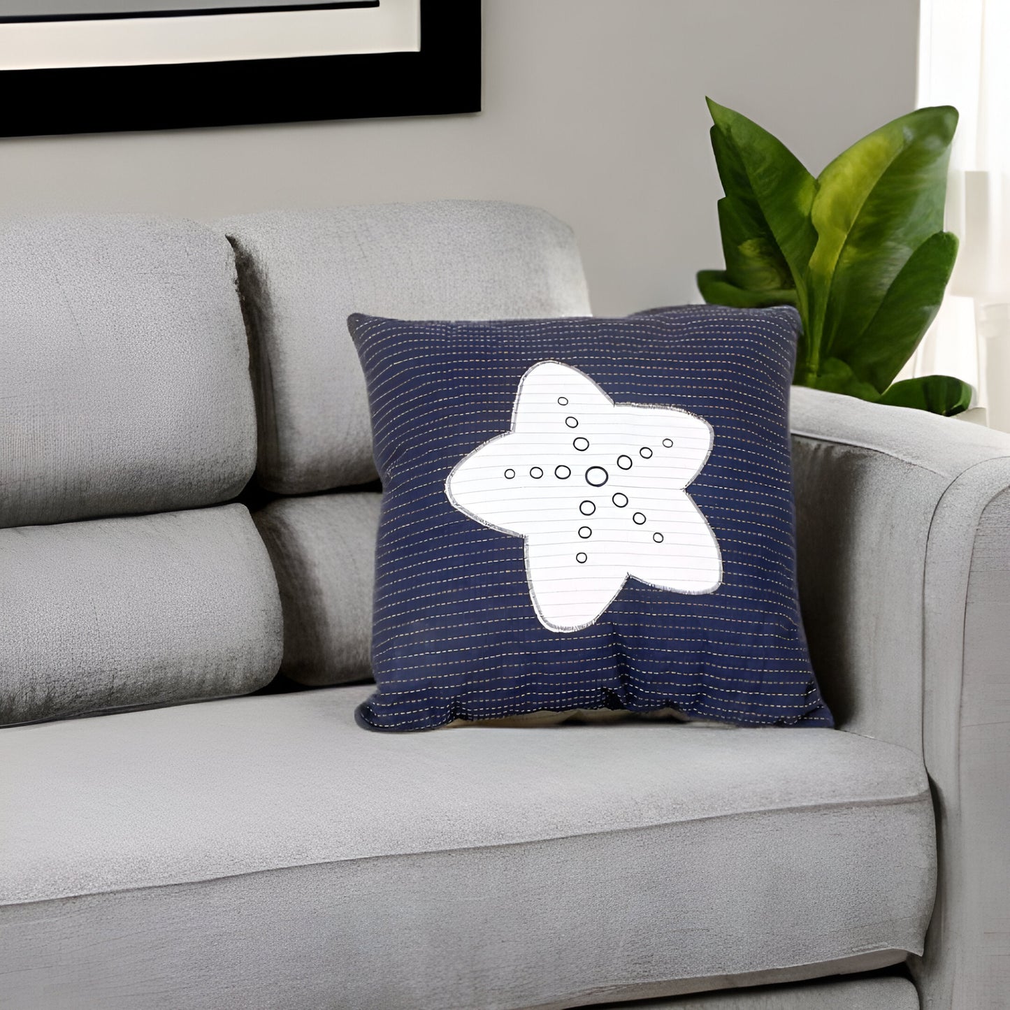 17" Blue and White Linen Throw Pillow