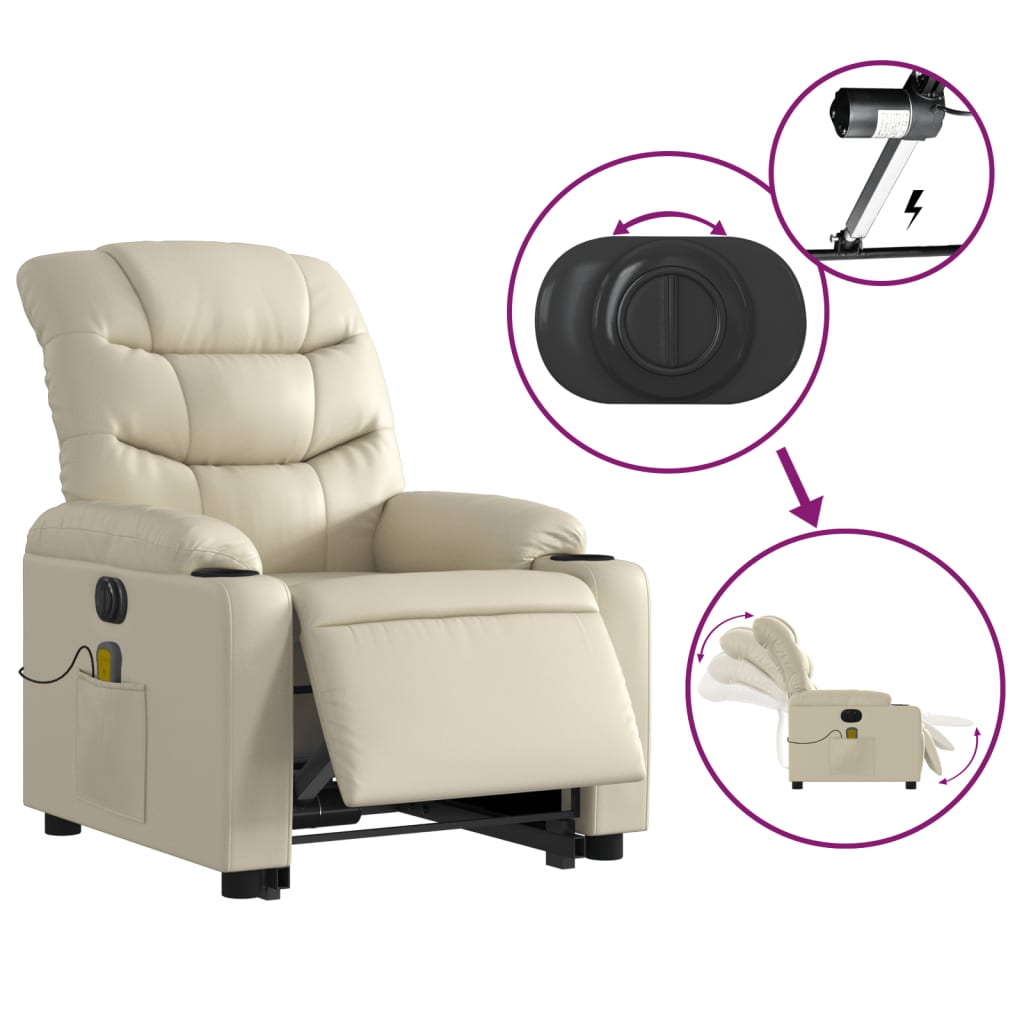 Electric Stand up Massage Recliner Chair Cream Faux Leather