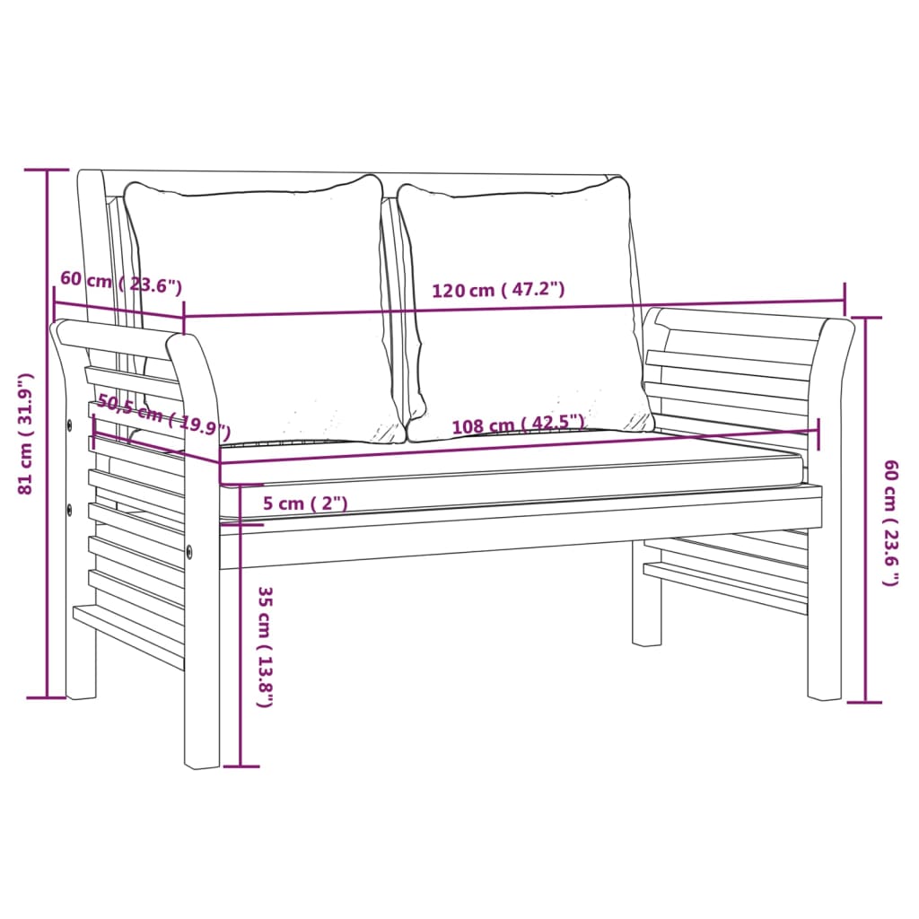 2 Piece Patio Lounge Set with Cream White Cushions Solid Wood