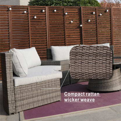 Six Piece Outdoor Black Wicker Sectional Seating Group with Beige Cushions