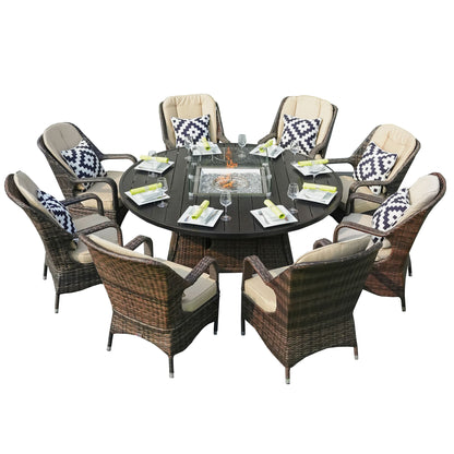 Brown Wicker Round Outdoor Fire Pit Dining Set With 8 Chairs