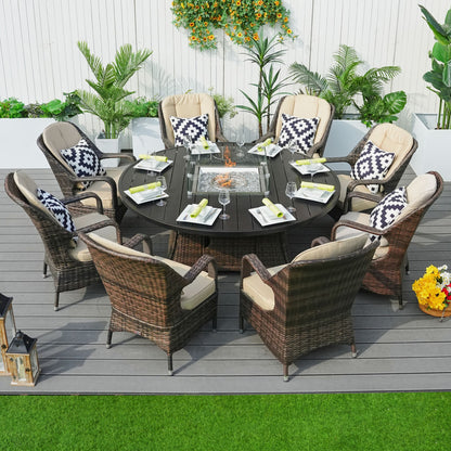 Brown Wicker Round Outdoor Fire Pit Dining Set With 8 Chairs