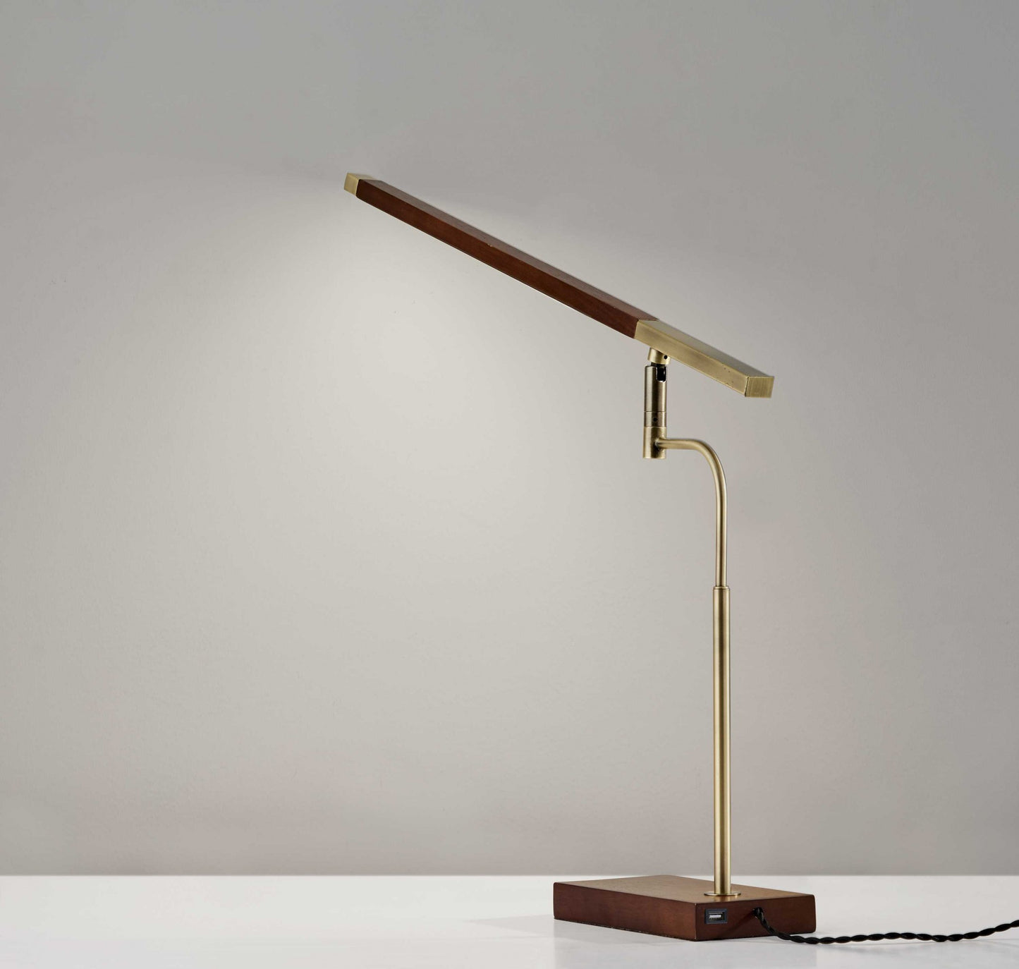 Walnut Wood Finish And Antique Brass Metal Adjustable Led Desk Lamp With Usb Port