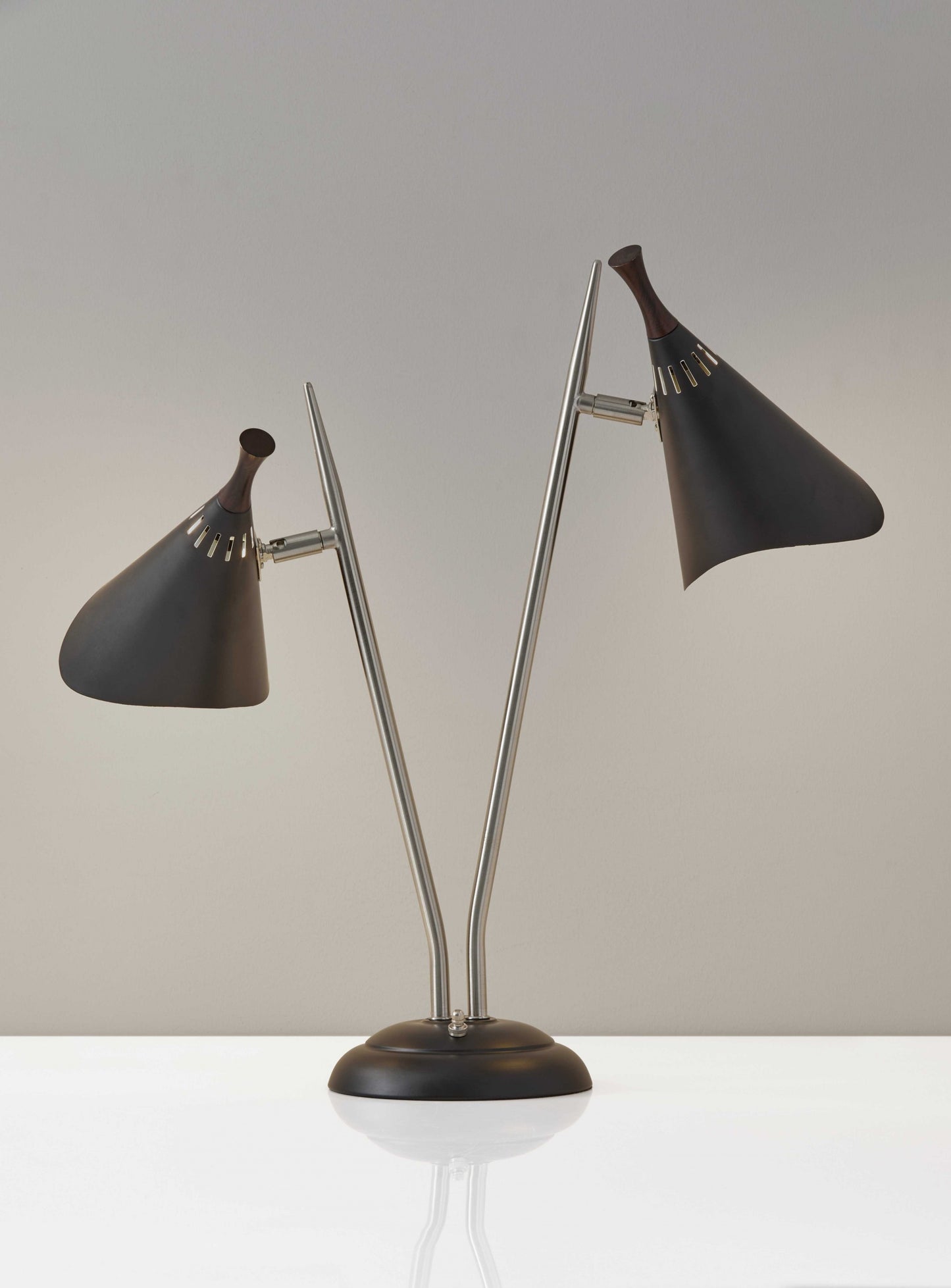 22" Black and Silver Metal Two Light Desk Lamp With Black Cone Shades