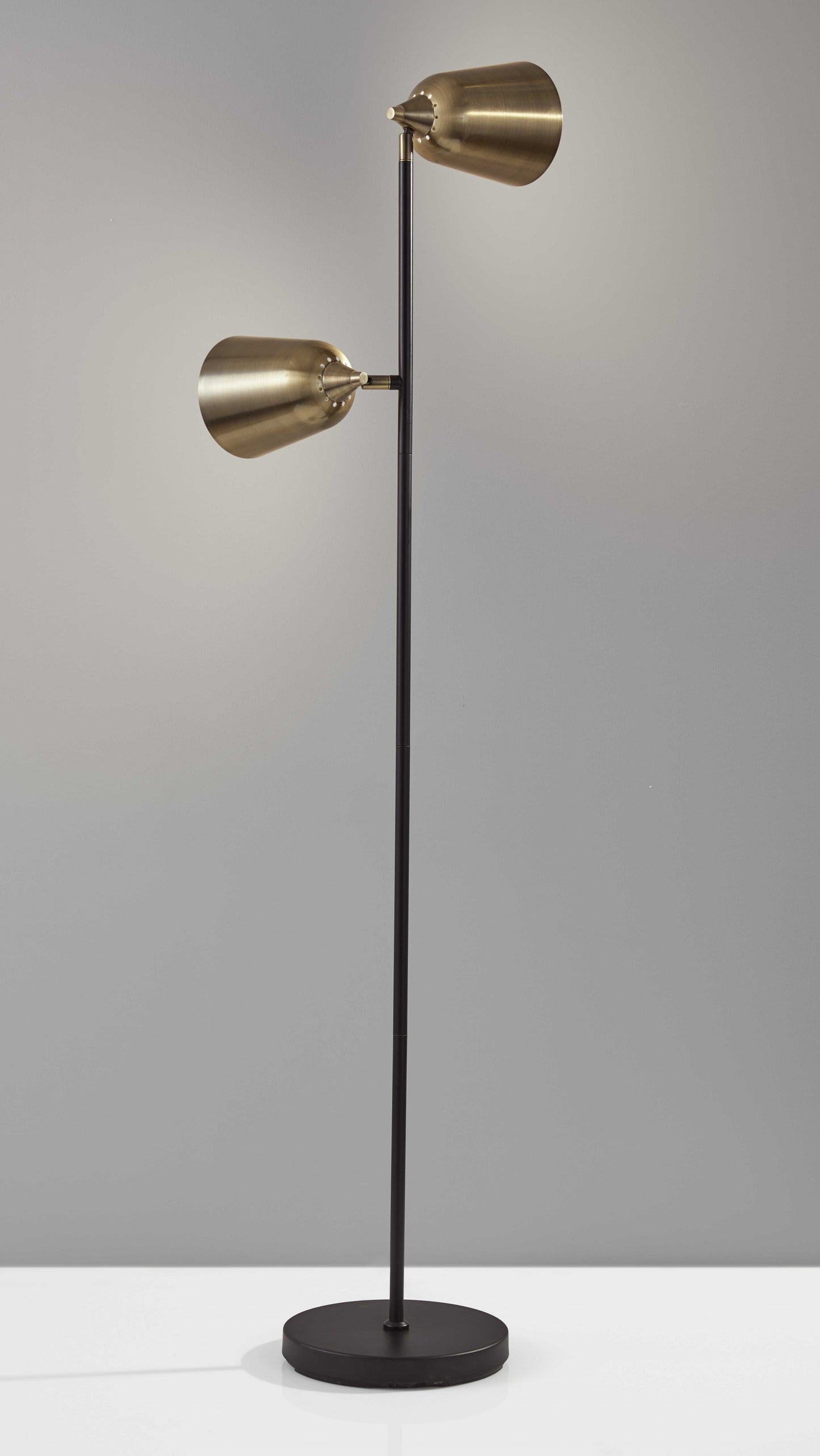 58" Black Two Light Floor Lamp With Antiqued Brass Cone Shades