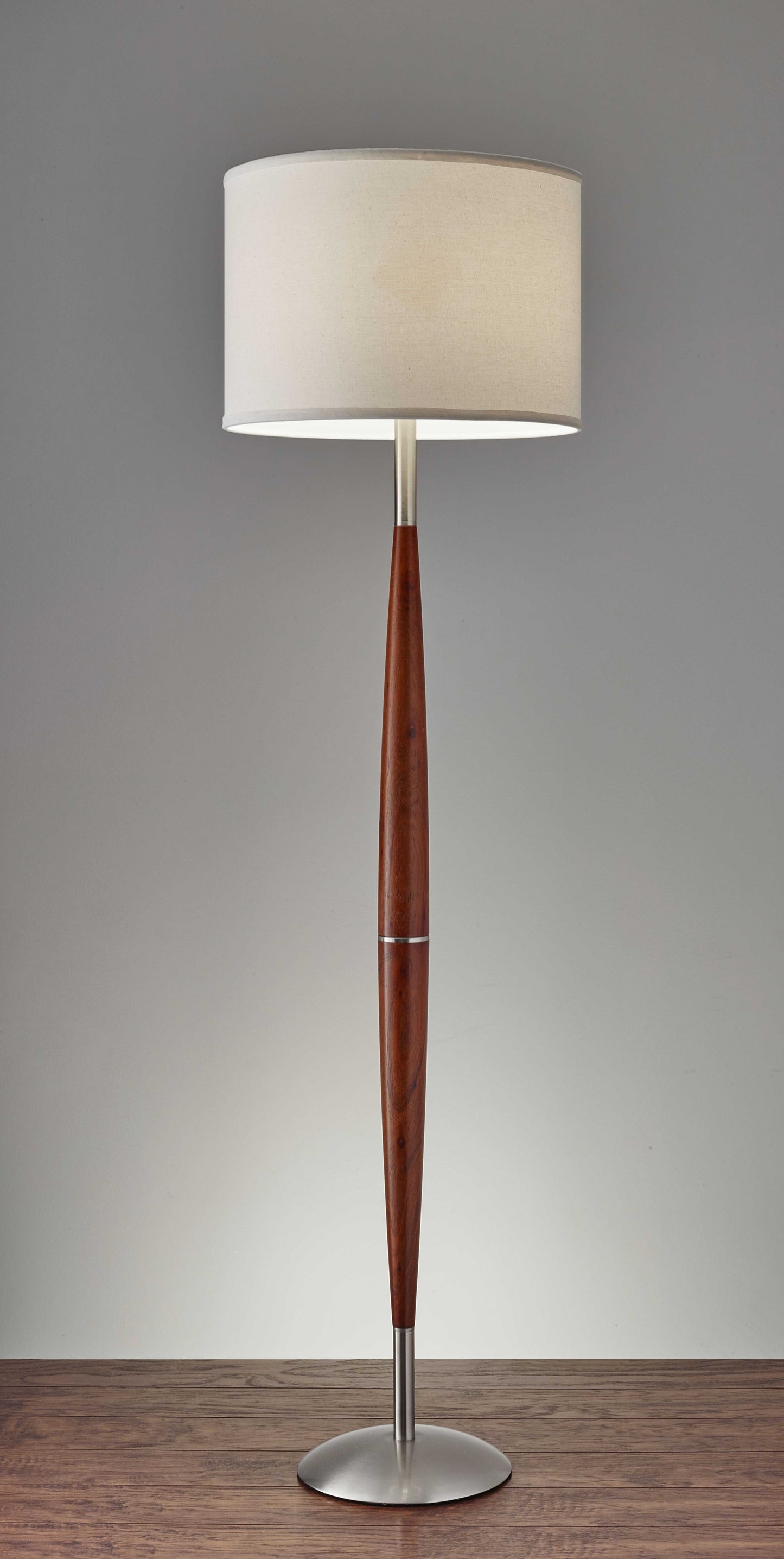 61" Brown Solid Wood Floor Lamp With White Fabric Drum Shade