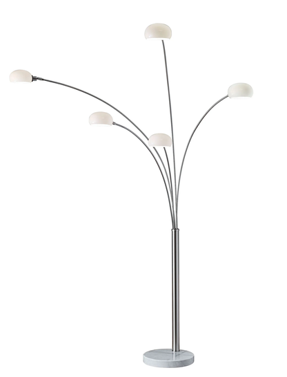 86" Steel Five Light Tree Floor Lamp With White Glass Dome Shade