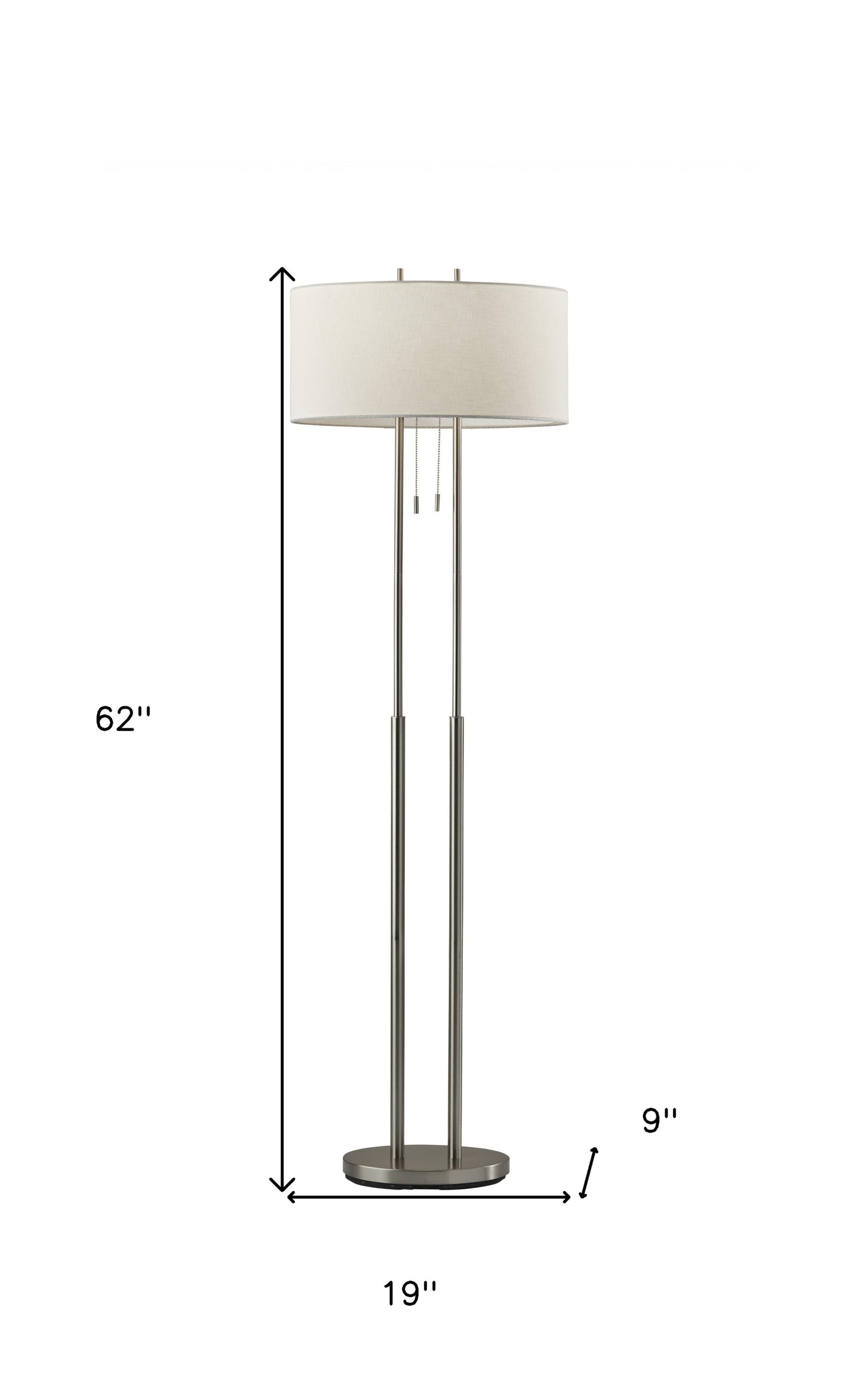 62" Brushed Task Floor Lamp With White Fabric Drum Shade