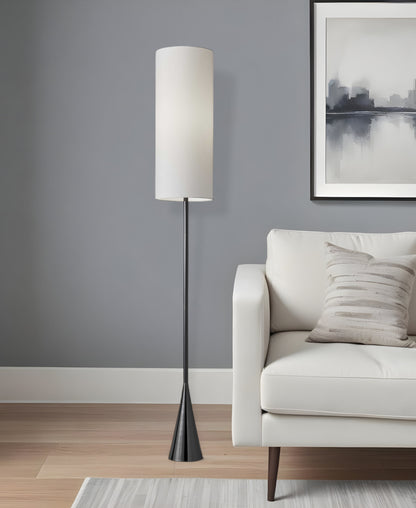 74" Black Nickel Floor Lamp With White Fabric Shade