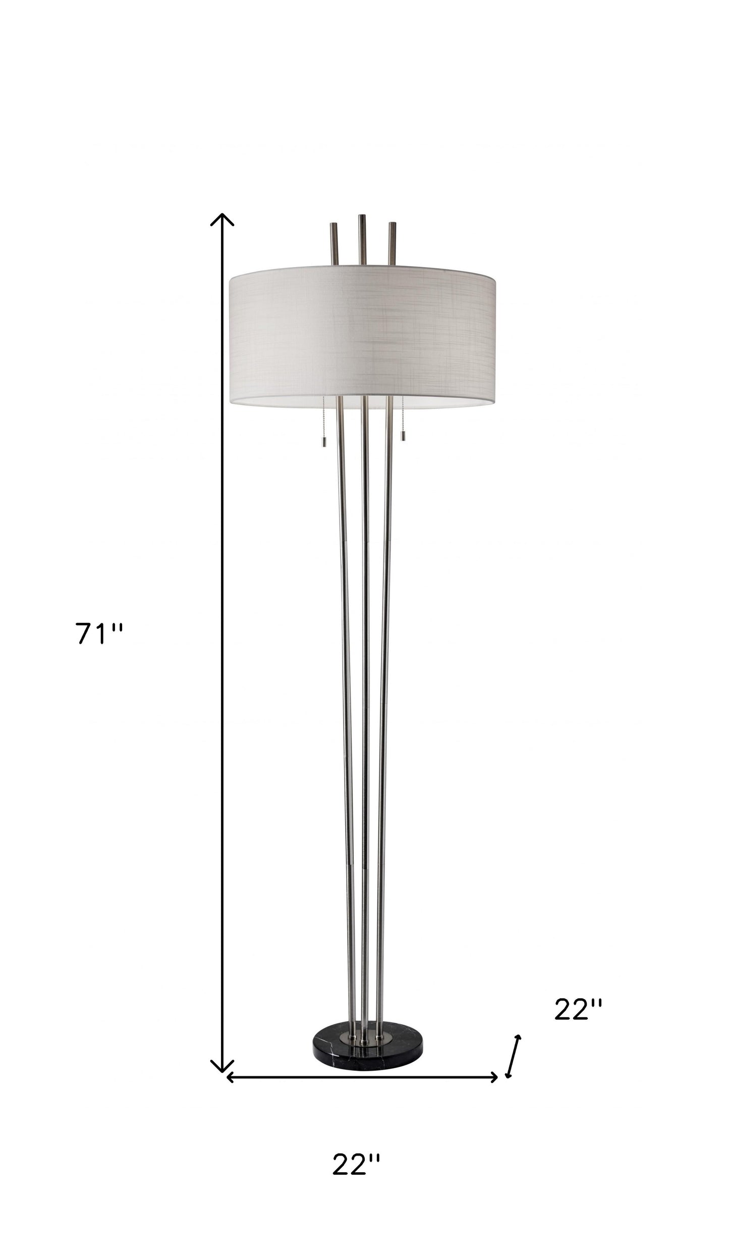 71" Two Light Three Pole Floor Lamp With White Fabric Drum Shade