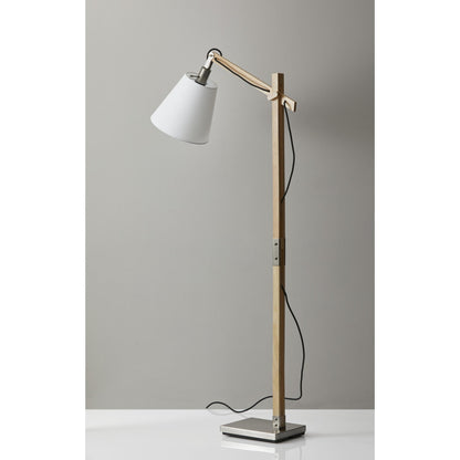 Natural Wood Floor Lamp With Adjustable Hinged Arm