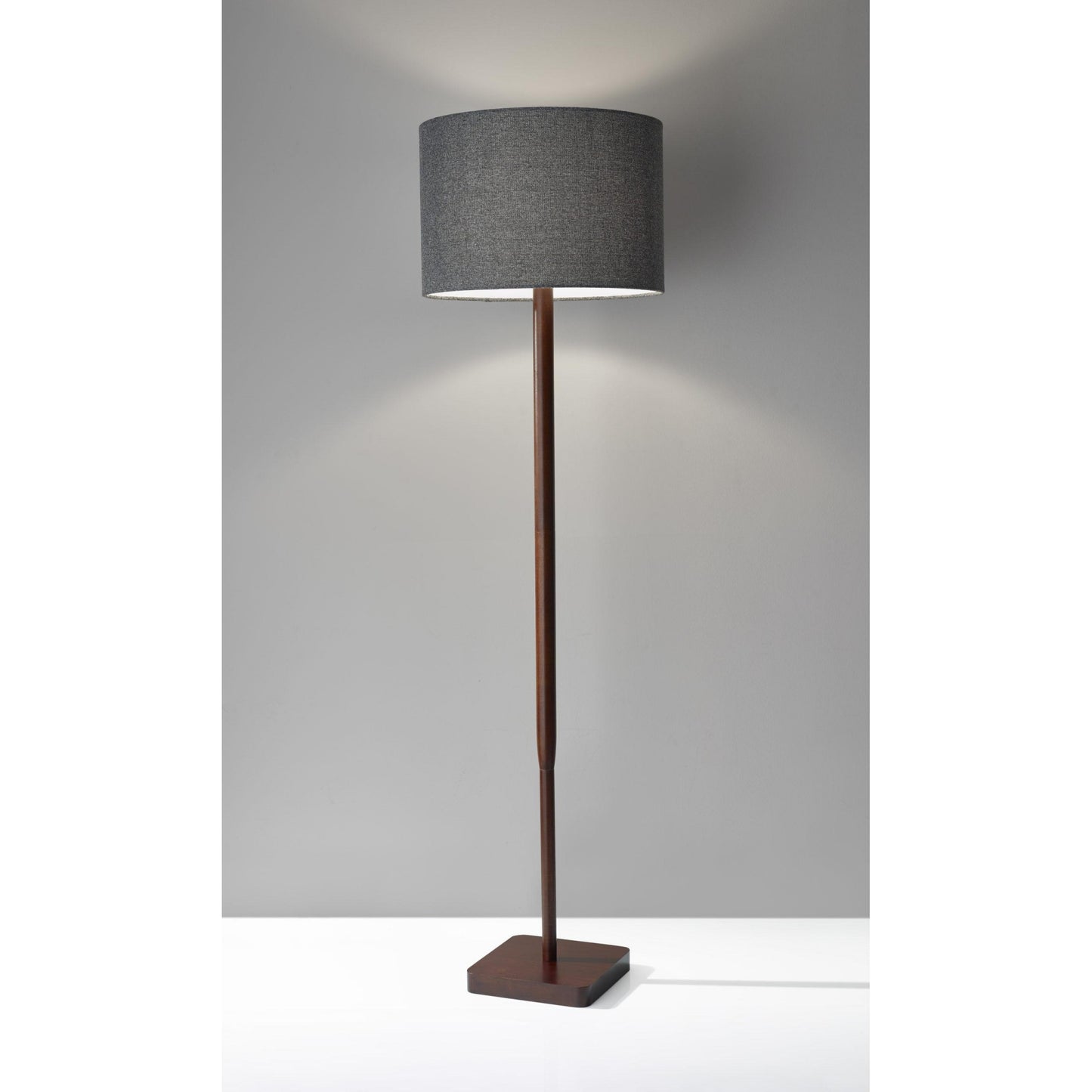 59" Brown Solid Wood Floor Lamp With Dark Gray Fabric Drum Shade