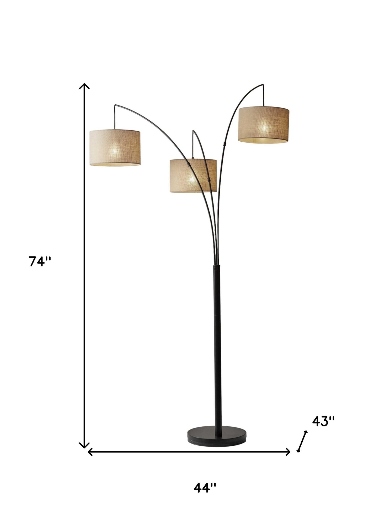 74" Steel Three Light Tree Floor Lamp With White Solid Color Drum Shade