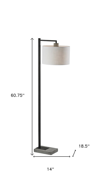 61" Grey And Black Arc Floor Lamp With White Fabric Drum Shade