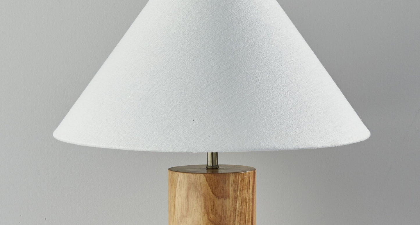 26" Natural Solid Wood Cylinder Table Lamp With White Cone Shade